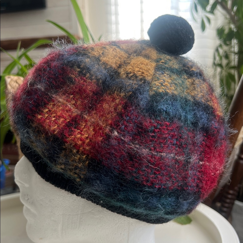 Vintage Scottish Plaid Mohair Wool Beret Golf Hat Pom Pom Adult Unisex Lined